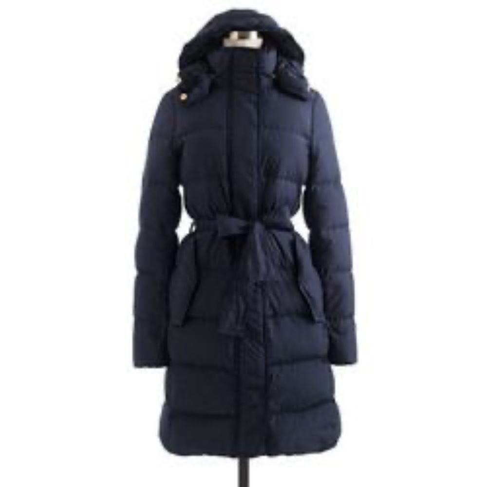 J Crew Wintress Belted Down Puffer ST small tall navy tie waist